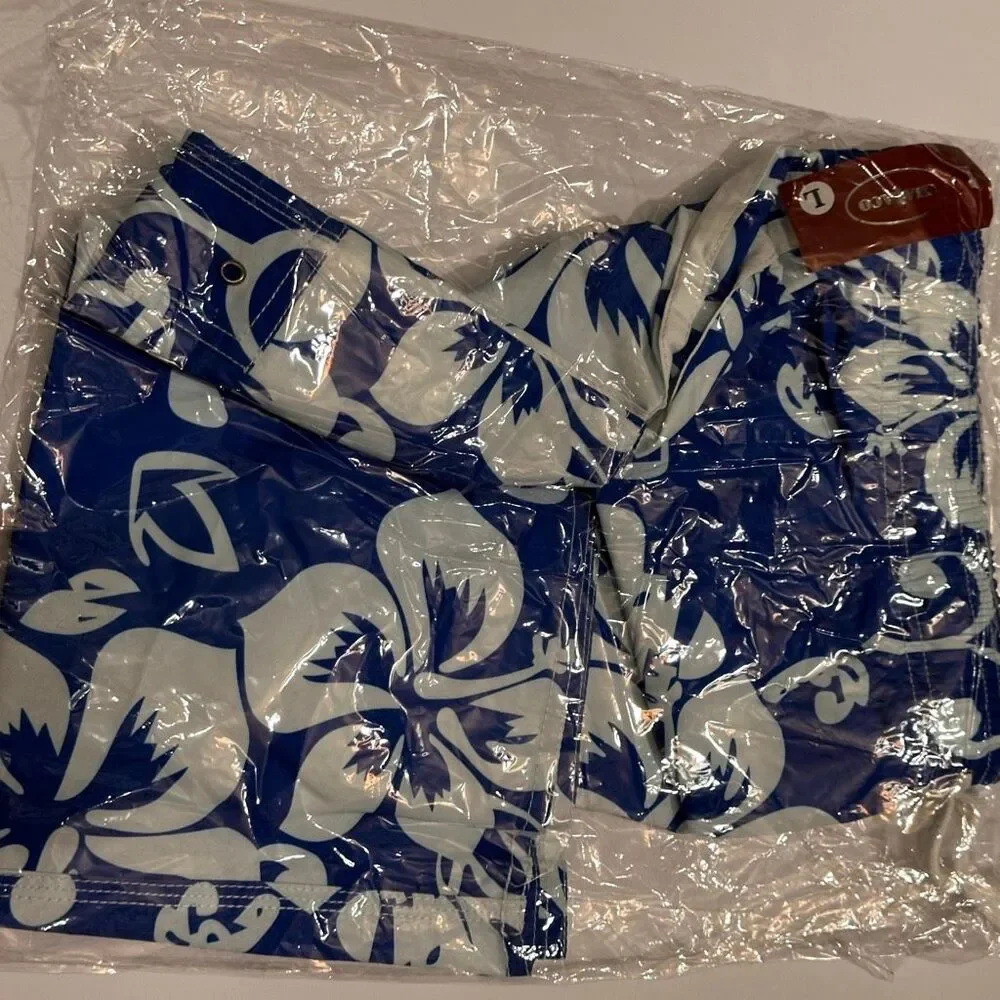 Chalaco Hibiscus Floral Swim Trunks Blue and White | Men Size Large